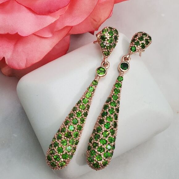 18K Gold Vermeil Russian Chrome Diopiside Pave Drop Earrings - Picture 1 of 10